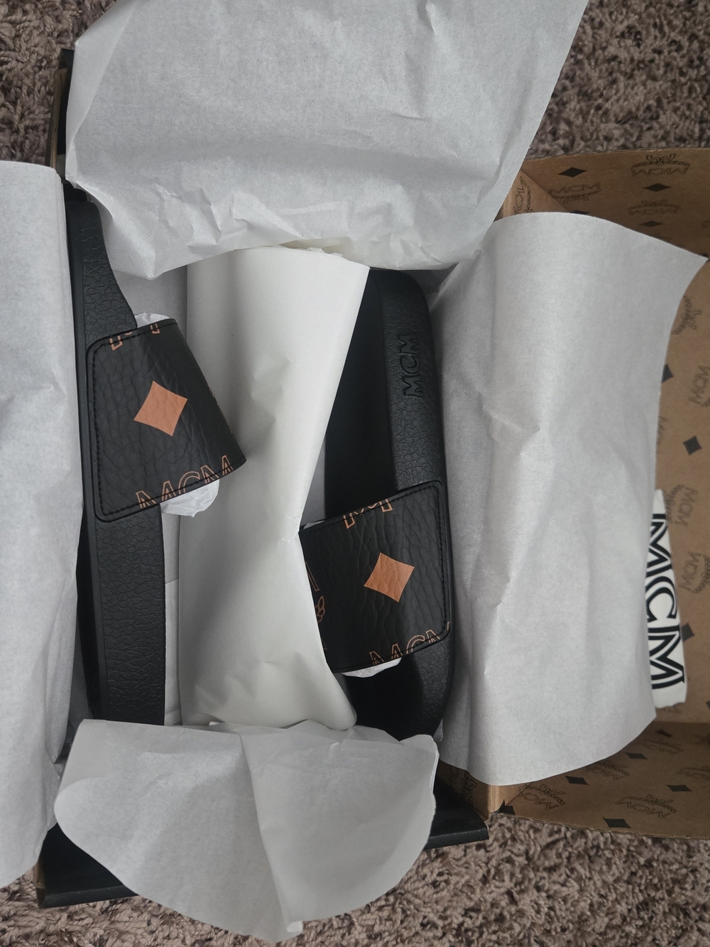 MCM Black & Orange Logo Slide Sandals - Picture 9 of 13